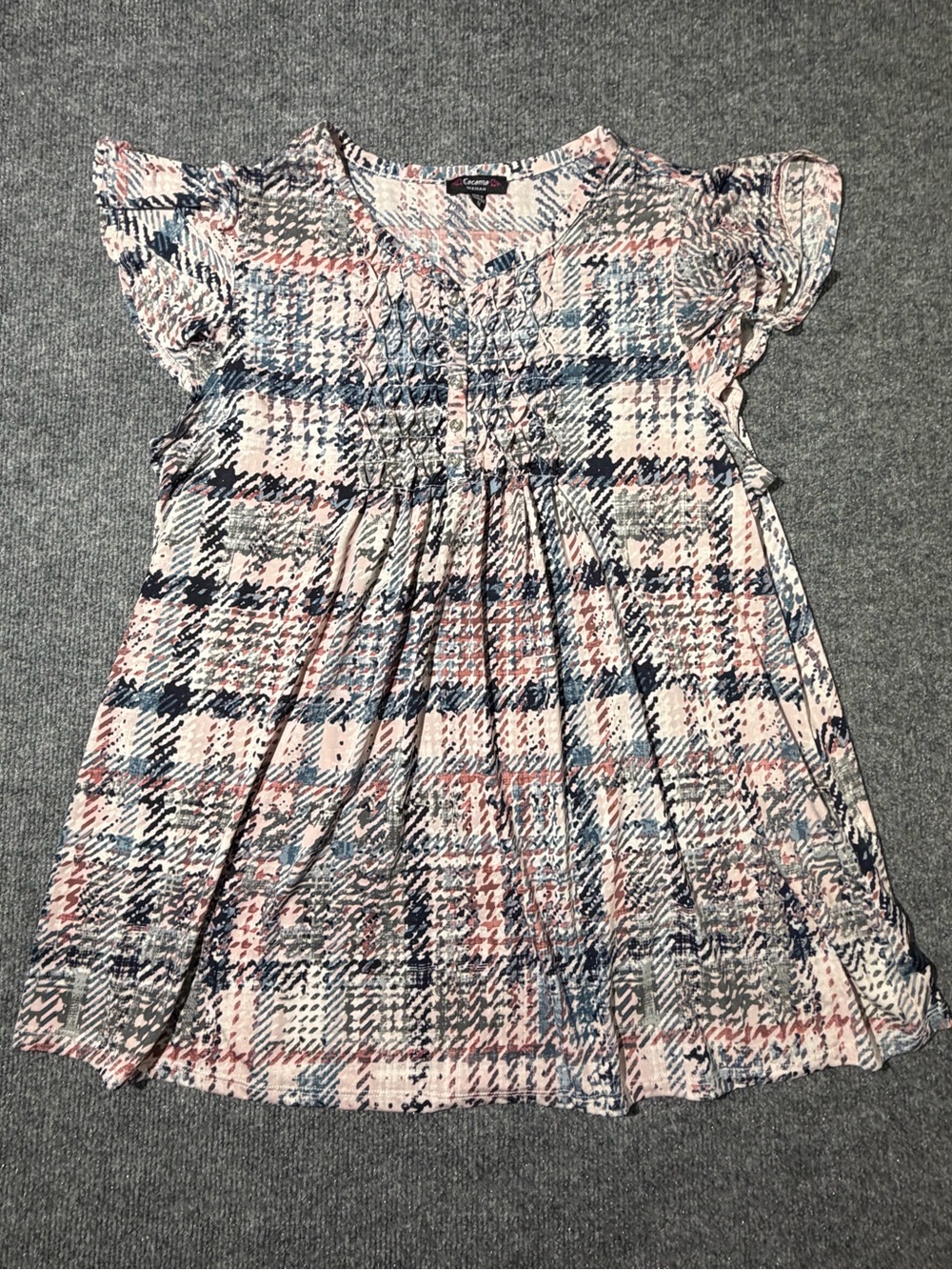 Cocomo Pink, Navy & Cream Plaid Smocked Flutter-Sleeve Top